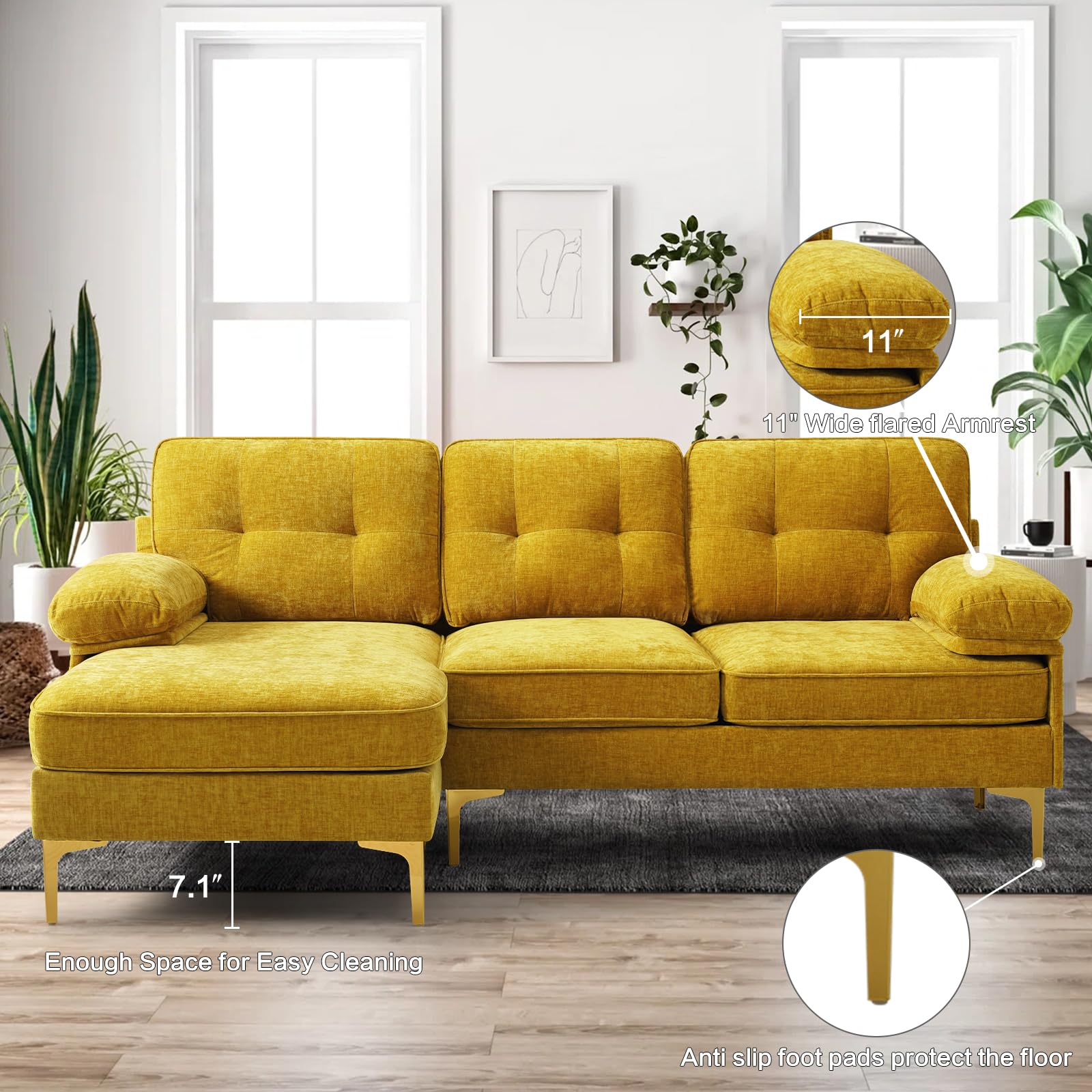 EASELAND 82" L-Shape Sofa with Reversible Chaise Lounge, Convertible Sectional Sofa Couch, Chenille Modern Sofa Couch for Living Room, Apartment and Office, Removable Cover (Yellow)