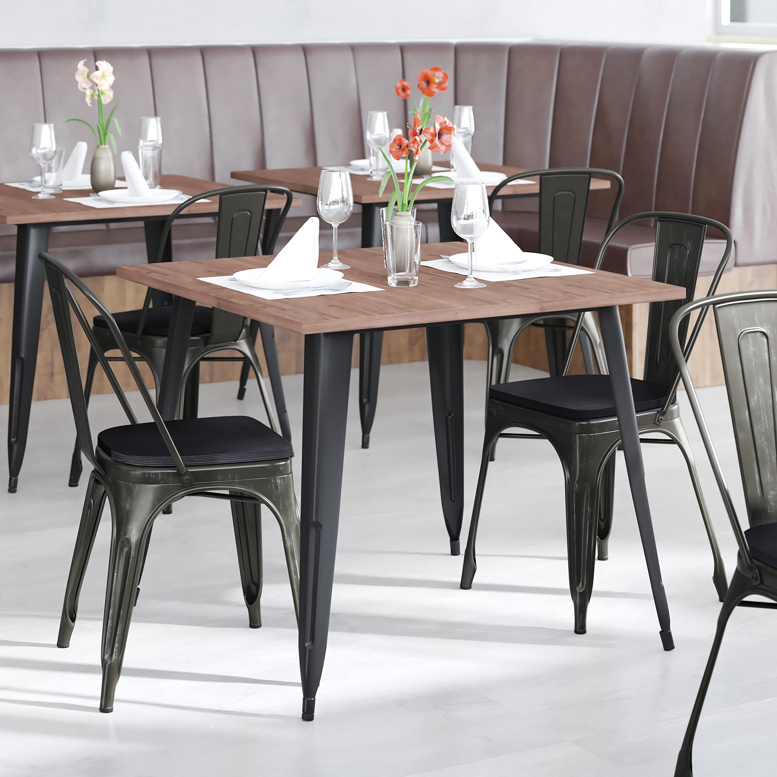 EMMA + OLIVER Perth Stacking Dining Chair - Antique Black Galvanized Steel Frame - Black Polyresin Seat - for Indoor/Outdoor Use