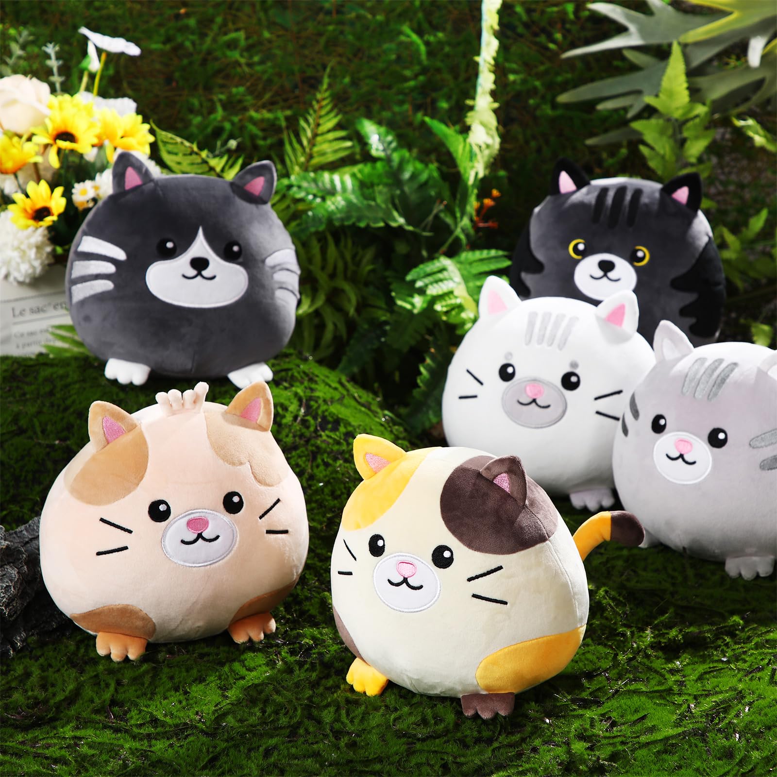 Lenwen 6 Pcs Christmas Decor Gifts Cat Plush Pillows 8 Inch Cute Kitten Stuffed Animals Bulk Soft Adorable Round Cat Throw Pillow Kitten Plush Pillows for Kids Christmas Birthday Gift Party Bedroom