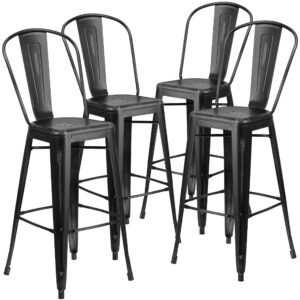 EMMA + OLIVER 4 Pack 30" High Distressed Black Metal Indoor-Outdoor Barstool with Back