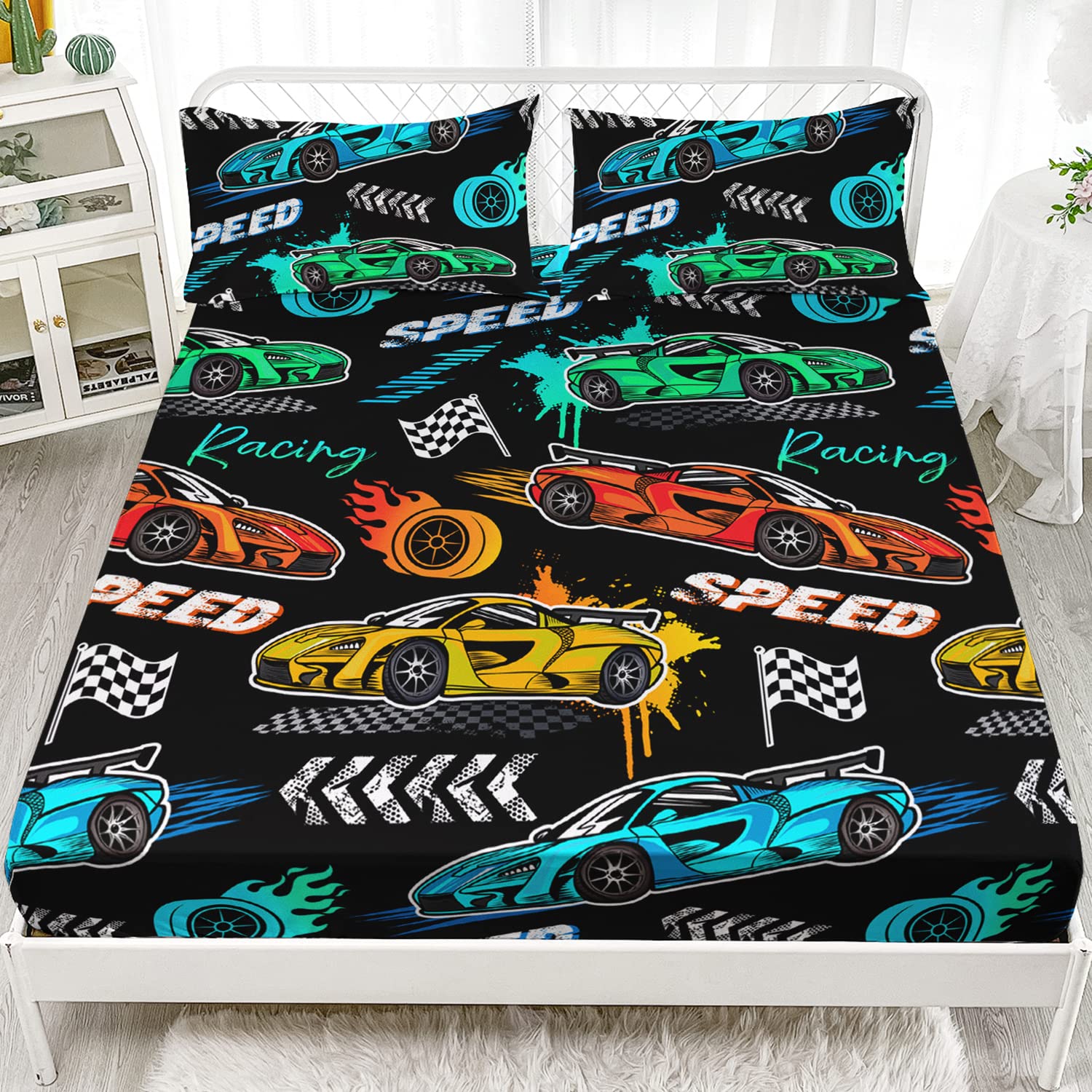 HOSIMA Child's Cartoon Sports Car Fitted Sheet 3Piece Set with 2 Pillowcases,Racing Car Bedding for Boys and Girls,Fast and Furious Extreme Sport Games Fitted Sheet,Black Twin Fitted Sheet Set.