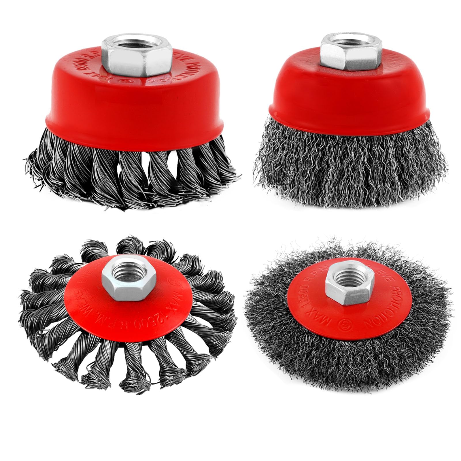 Wire Cup Brush Set Packaged with 4 different Wire Wheel Brushes for Angle Grinder 4 1/2 Angle Grinder and 5/8”-11 Thread Arbor(4 Packs )