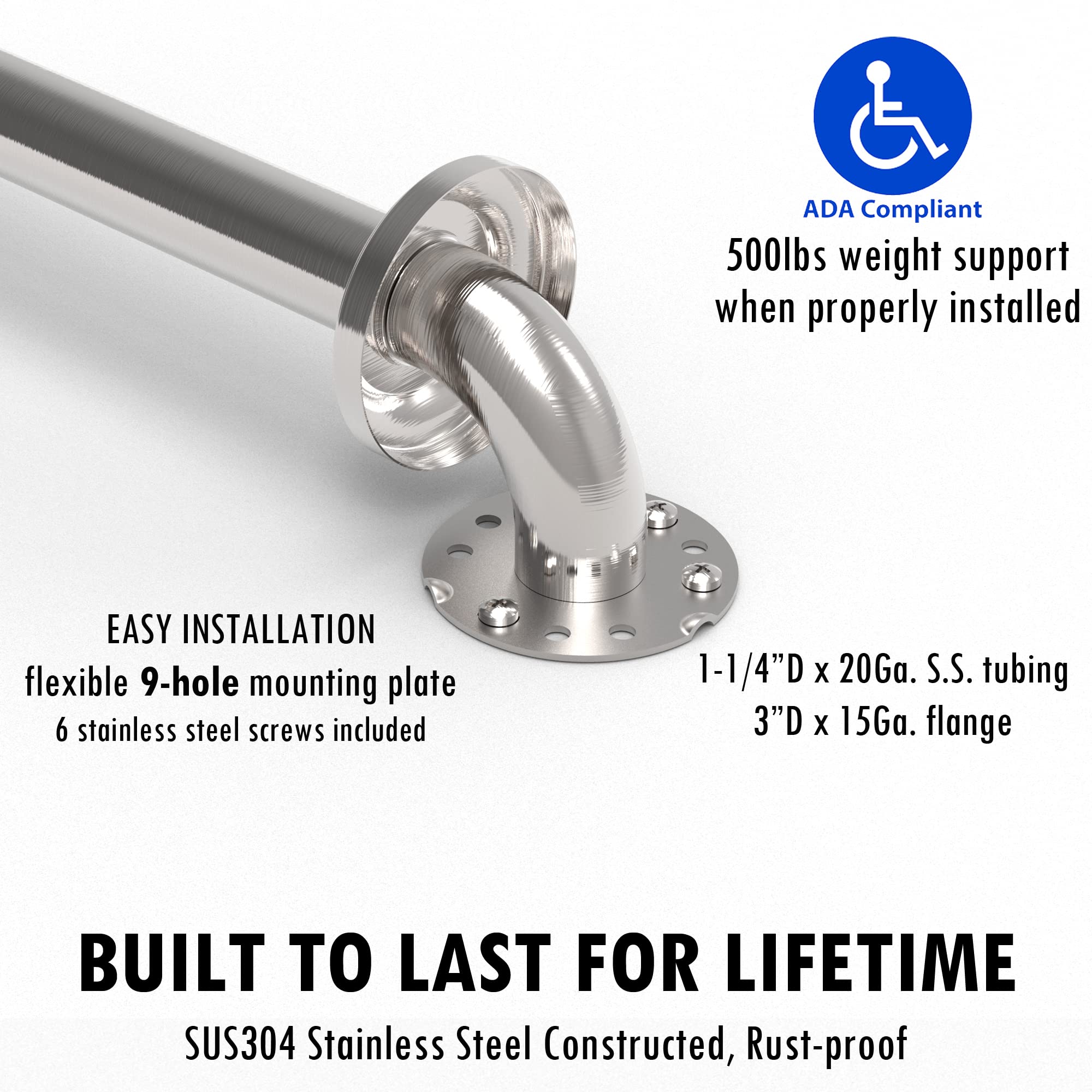 AquaChase Bath Safety Grab Bar, ADA Compliant 500lbs Support, Bathroom Mobility Aid, Stablilization Help for Seniors and Disabled, Rustproof Stainless Steel (24in, Chrome)