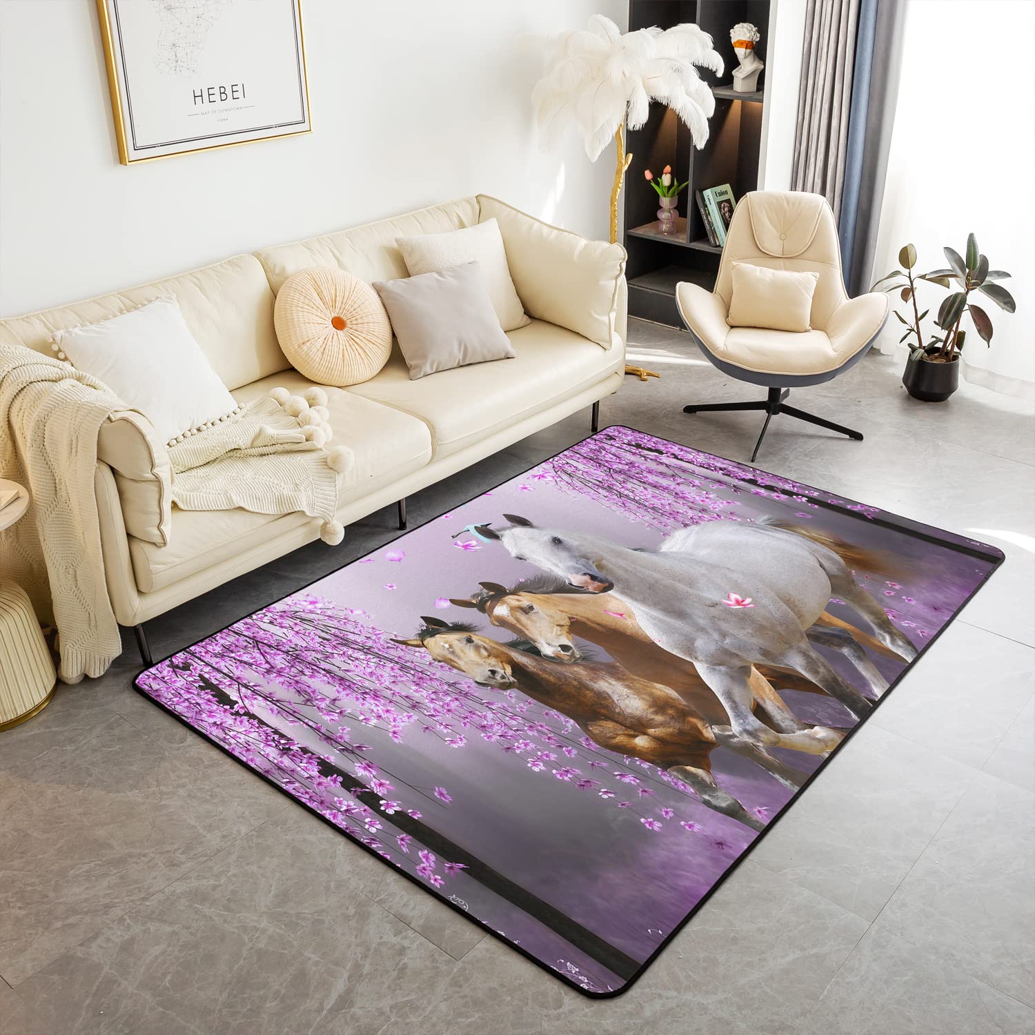 Horse Area Rug 3x5 Galloping Horse Rugs Mat for Living Room Bedroom Cherry Blossoms Decor Carpet Non Slip Area Runner Rug