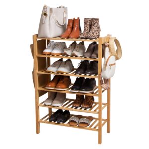 sunshine trend premium,bamboo shoe rack | premium 6-tier stackable shoe organizer with natural wood design | beautiful and sturdy multi-use shoe shelf for closet, entryway, or hallway