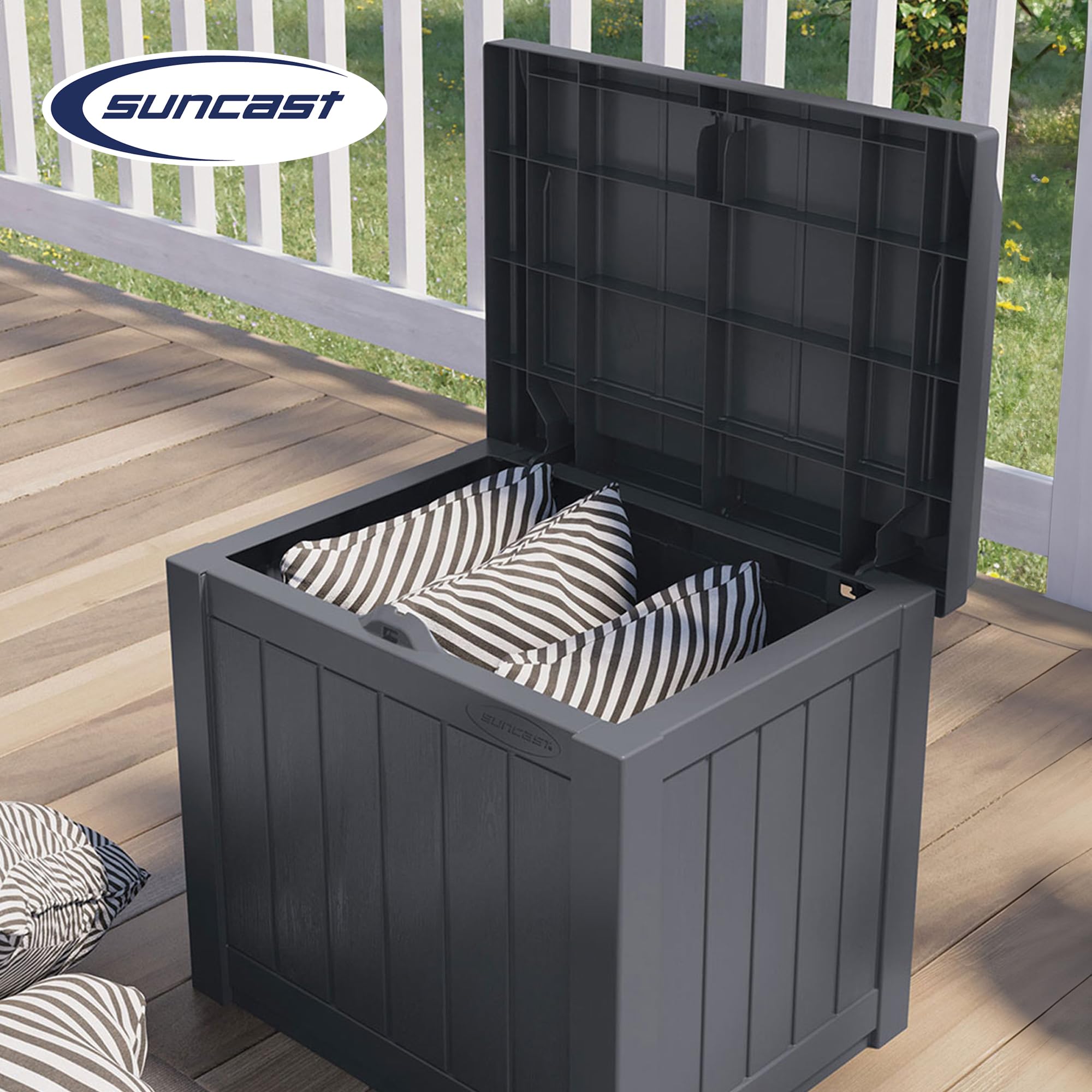 Suncast 22-Gallon Indoor or Outdoor Backyard Patio Small Storage Deck Box with Attractive Bench Seat and Reinforced Lid, Cyberspace (3 Pack)