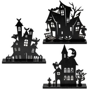 watinc halloween wooden centerpiece decorations - 3pcs wood silhouette sketch ghost house tabletop decor, halloween themed black pumpkin boo haunted house detachable table topper for home kitchen