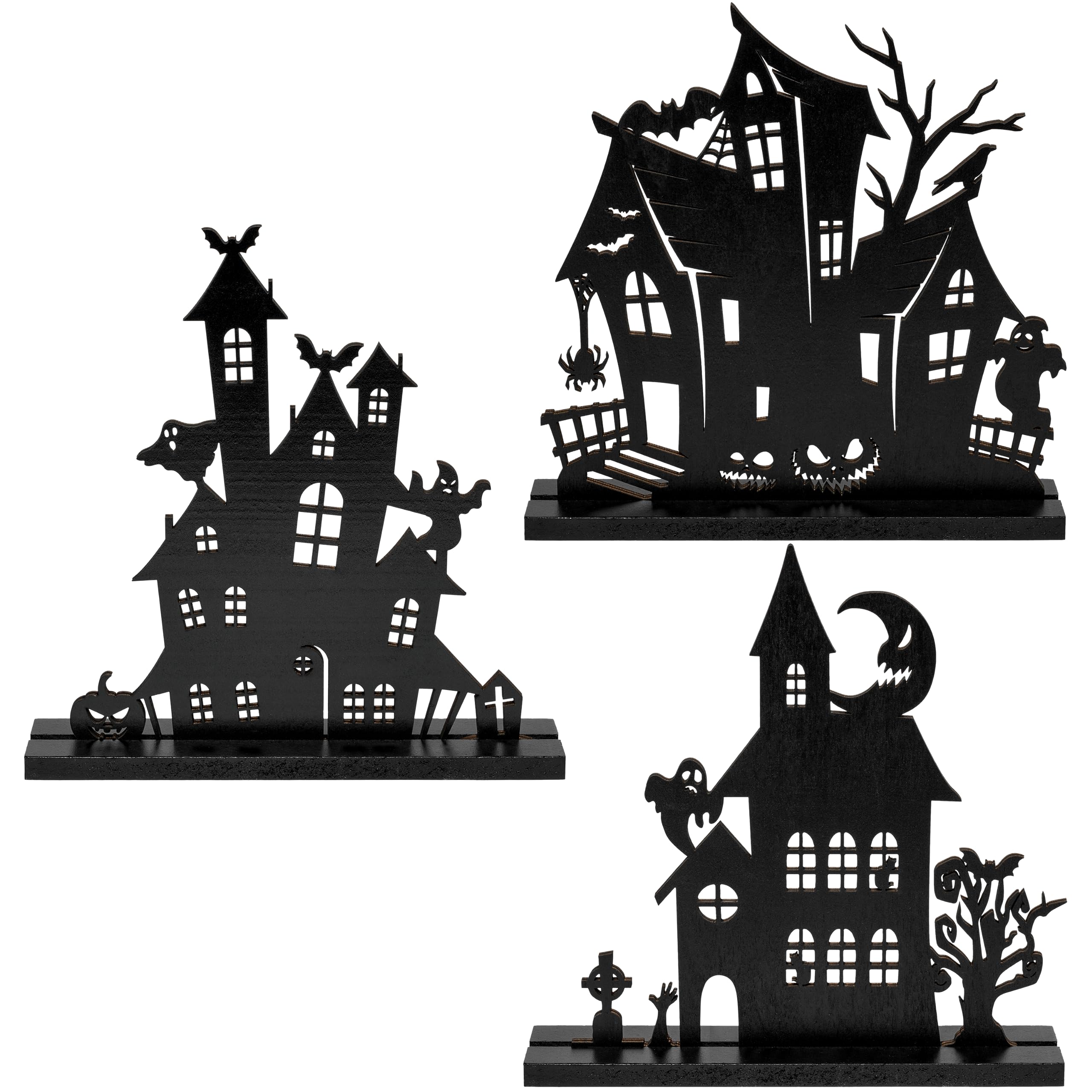 WATINC Halloween Wooden Centerpiece Decorations - 3Pcs Wood Silhouette Sketch Ghost House Tabletop Decor, Halloween Themed Black Pumpkin Boo Haunted House Detachable Table Topper for Home Kitchen