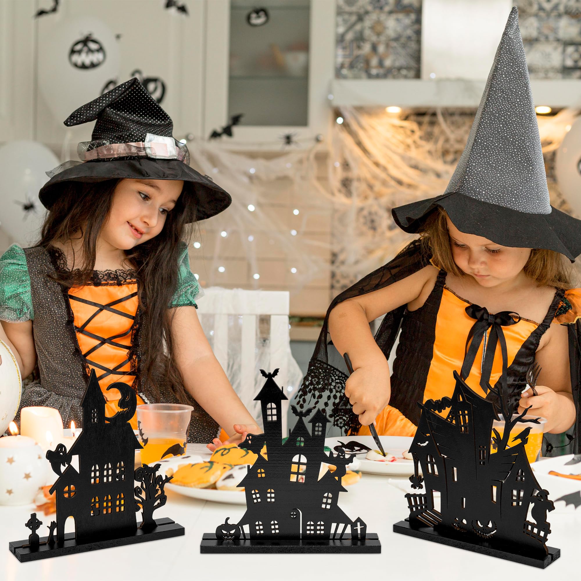 WATINC Halloween Wooden Centerpiece Decorations - 3Pcs Wood Silhouette Sketch Ghost House Tabletop Decor, Halloween Themed Black Pumpkin Boo Haunted House Detachable Table Topper for Home Kitchen