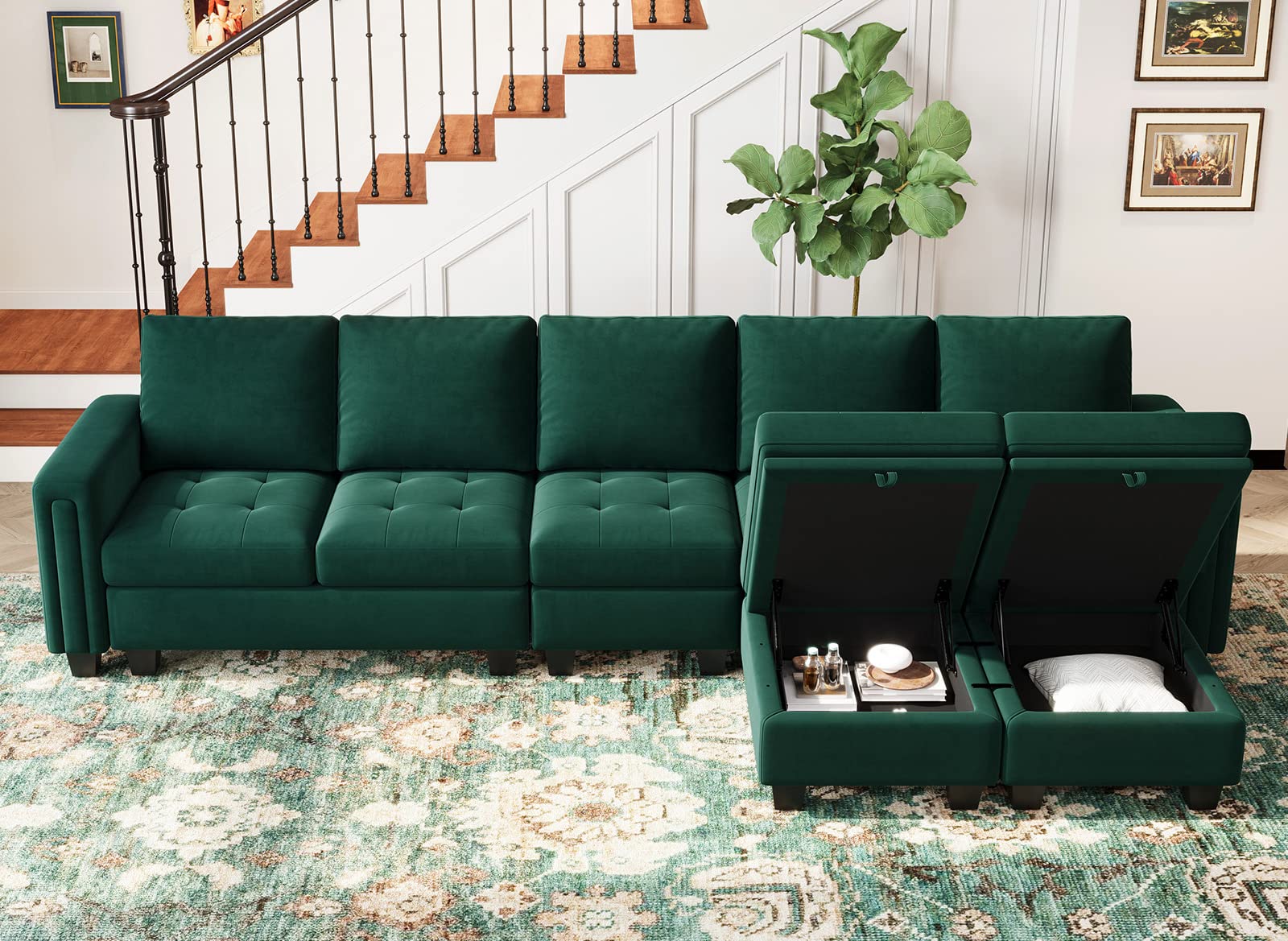 Belffin Velvet Ottoman Module with Storage for Modular Sofa Sectional Couch Rectangular Ottoman with Storage Ottoman Bench Footstool Green