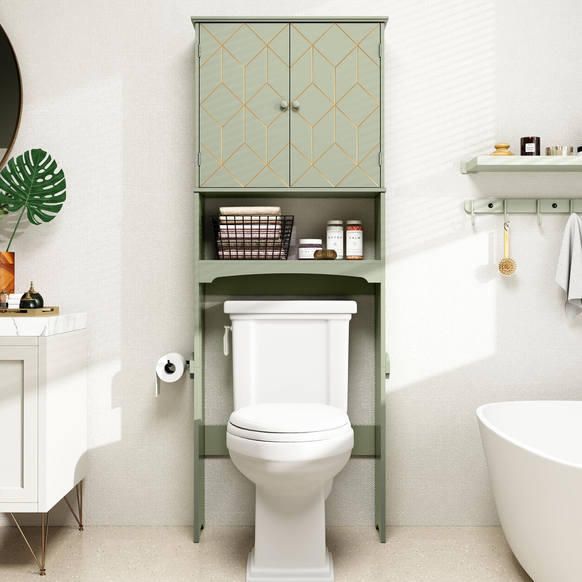 AZODY Over The Toilet Storage Cabinet with Gold Trim, Modern Bathroom Organizer Over Toilet with Adjustable Shelves and Toilet Paper Holder for Bathroom (Green)