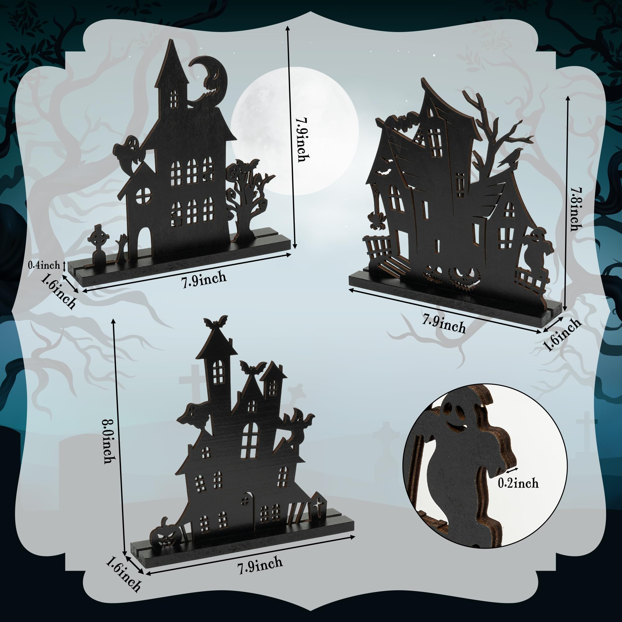 WATINC Halloween Wooden Centerpiece Decorations - 3Pcs Wood Silhouette Sketch Ghost House Tabletop Decor, Halloween Themed Black Pumpkin Boo Haunted House Detachable Table Topper for Home Kitchen