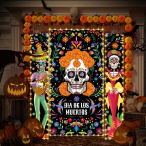 preboun 3 pcs lighted day of the dead porch sign led mexican halloween decorations dia de los muertos day of the dead sugar skull marigold flower door banner with light for halloween party decor