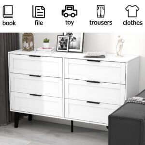 TaoHFE 6 Drawer Dresser for Bedroom Modern White Chest of Drawers for Nursery Wood Dresser for Kids Horizontal Dressers & Chests of Drawers for Bedroom Living Room (White/ 6 Drawer)