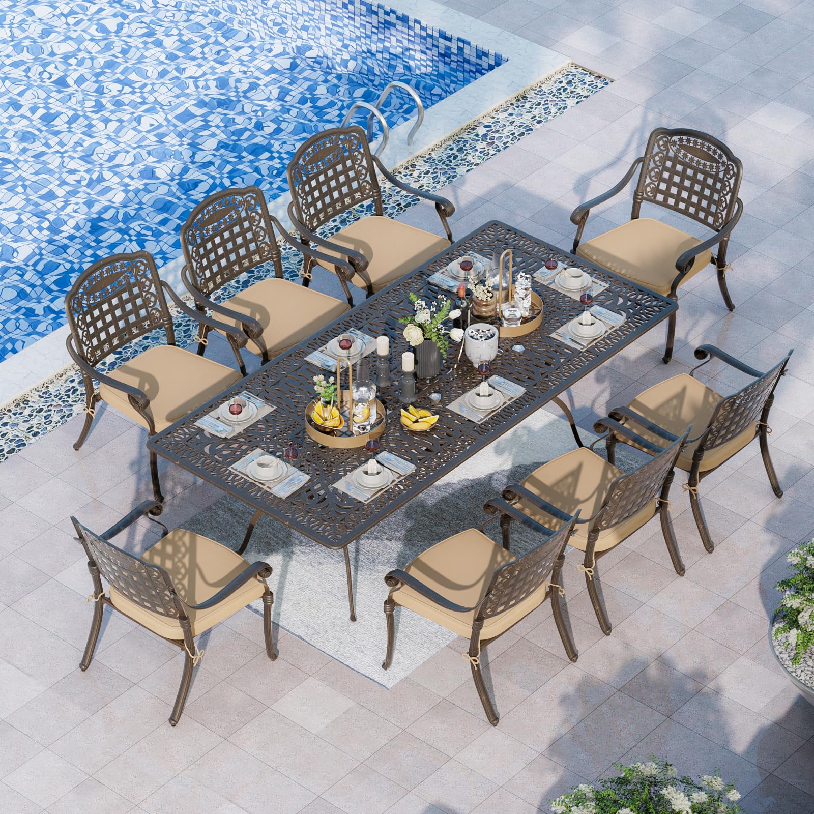 Grepatio 9 Piece Cast Aluminum Patio Furniture Set Outdoor Dining Set Bistro Furniture Set with 8 Armchairs and Dining Table, 8 Cushions for Backyard Garden Poolside (8 Grid Chairs)