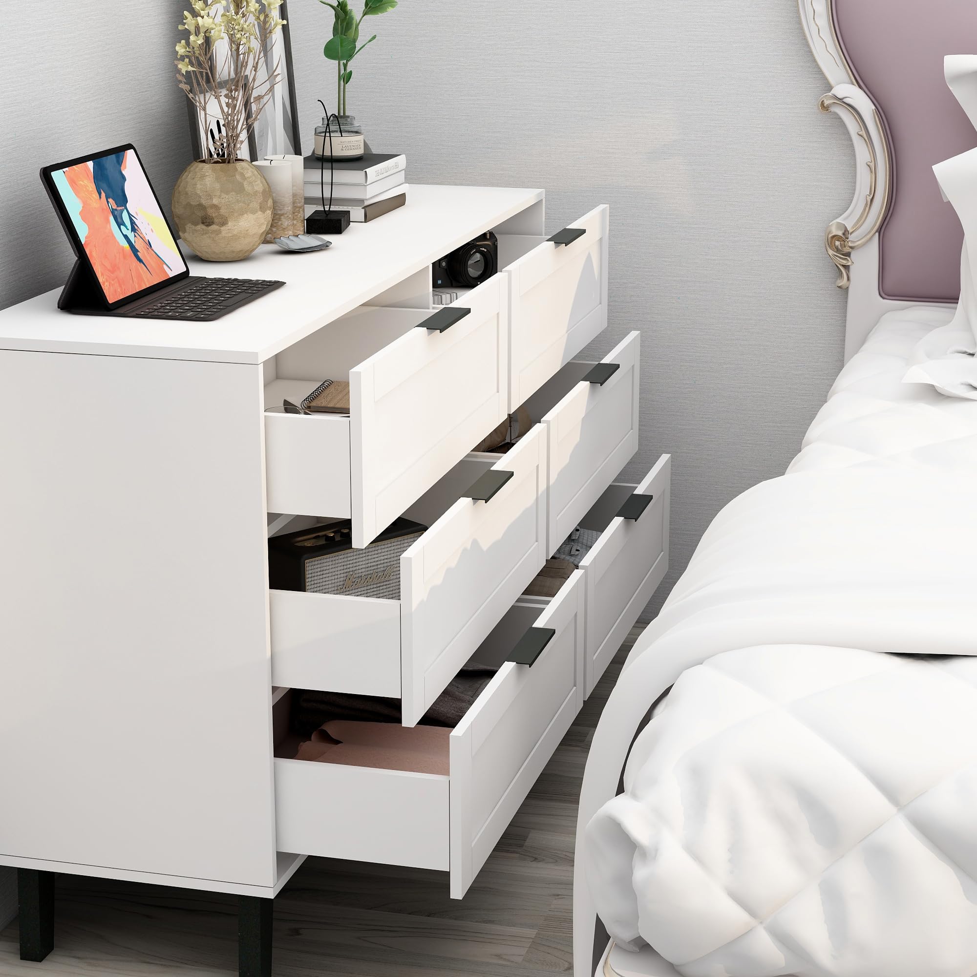 TaoHFE 6 Drawer Dresser for Bedroom Modern White Chest of Drawers for Nursery Wood Dresser for Kids Horizontal Dressers & Chests of Drawers for Bedroom Living Room (White/ 6 Drawer)