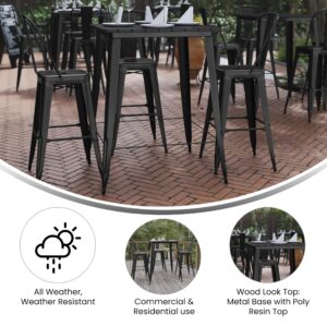 EMMA + OLIVER Drew Dining Table Bar Height - Black 31.5" Square Poly Resin Table Top - Black Steel Base - All-Weather for Indoor/Outdoor Use