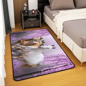 Horse Area Rug 3x5 Galloping Horse Rugs Mat for Living Room Bedroom Cherry Blossoms Decor Carpet Non Slip Area Runner Rug