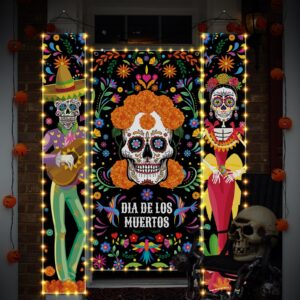 Preboun 3 Pcs Lighted Day of The Dead Porch Sign LED Mexican Halloween Decorations Dia De Los Muertos Day of The Dead Sugar Skull Marigold Flower Door Banner with Light for Halloween Party Decor