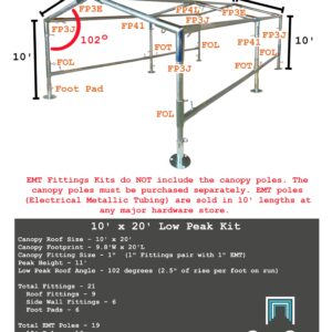 10' x 20' Low Peak Canopy Fittings Kit, DIY Metal Carport Frame Parts, 1" EMT