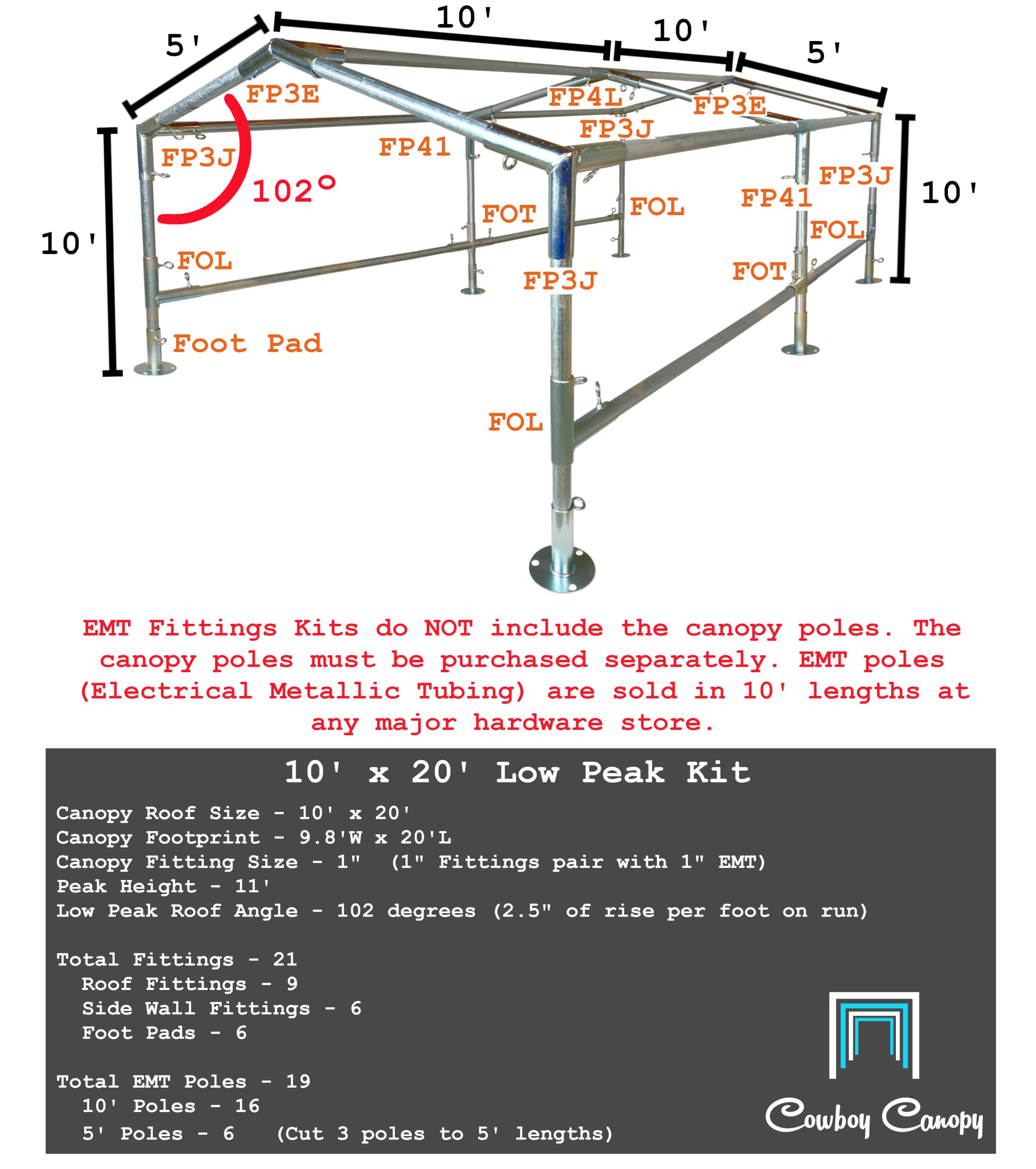 10' x 20' Low Peak Canopy Fittings Kit, DIY Metal Carport Frame Parts, 1" EMT