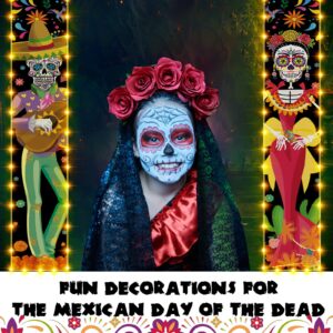 Preboun 3 Pcs Lighted Day of The Dead Porch Sign LED Mexican Halloween Decorations Dia De Los Muertos Day of The Dead Sugar Skull Marigold Flower Door Banner with Light for Halloween Party Decor