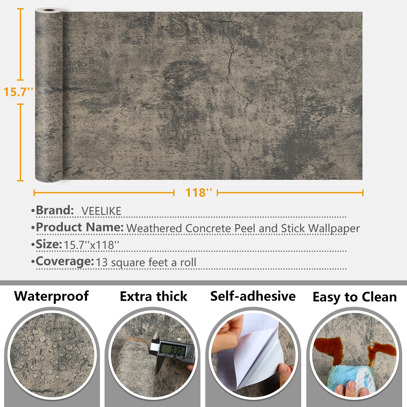 VEELIKE Old Weathered Concrete Wallpaper Peel and Stick for Bedroom Bathroom Textured Wallpaper Removable Cement Wall Paper 15.7''x118'' Self Adhesive Vinyl Concrete Contact Paper for Wall Living Room