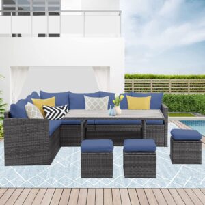 Wisteria Lane Outdoor Patio Furniture Set, 7 Piece Outdoor Dining Sectional Sofa with Dining Table and Chair, All Weather Wicker Conversation Set with Ottoman,Blue