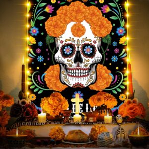 Preboun 3 Pcs Lighted Day of The Dead Porch Sign LED Mexican Halloween Decorations Dia De Los Muertos Day of The Dead Sugar Skull Marigold Flower Door Banner with Light for Halloween Party Decor