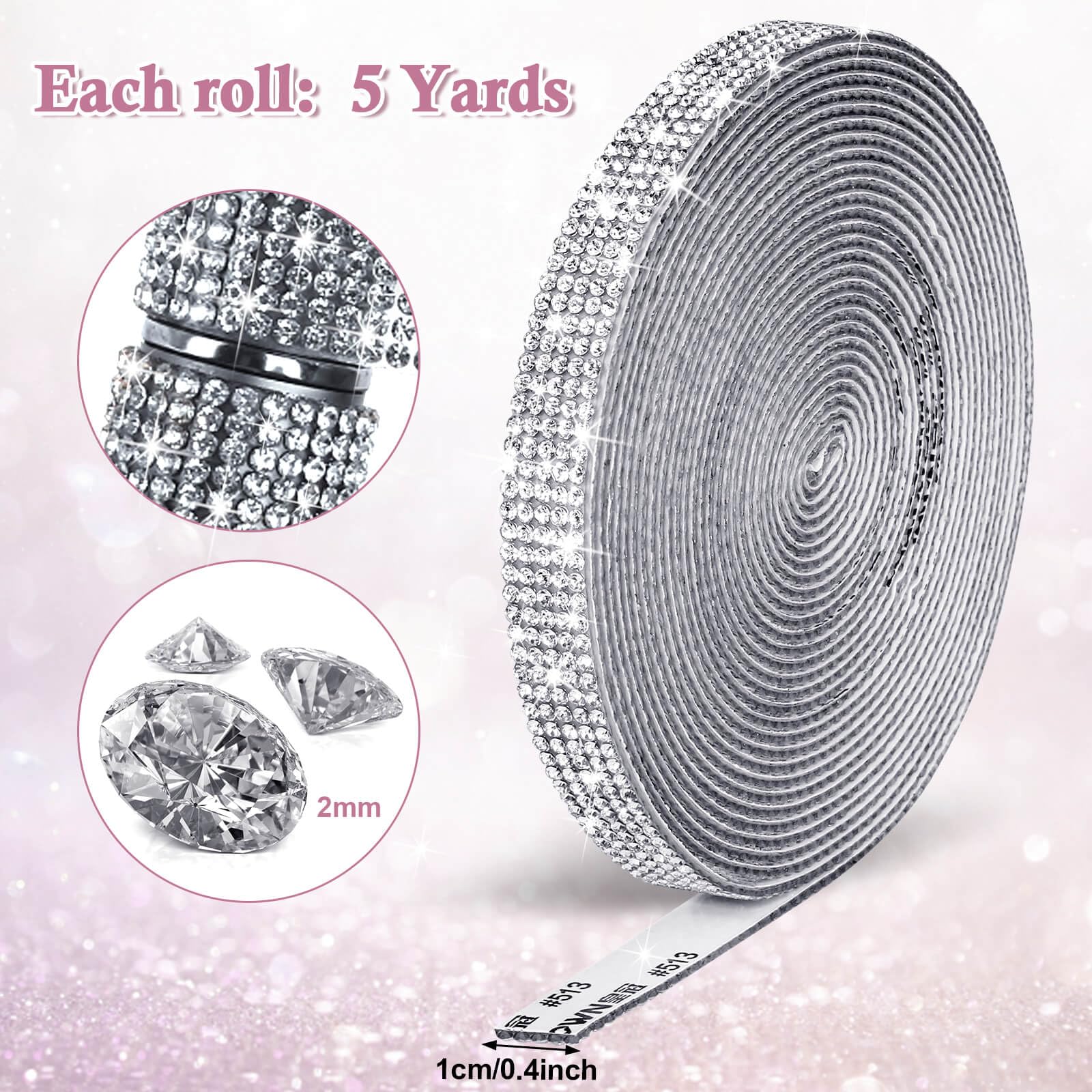 Tetutor 5 Yards Self Adhesive Rhinestone Ribbons, Sliver Rhinestone Strips, Diamond Crystal Rhinestone Ribbon Roll Stickers Glitter Bling Ribbons Rhinestone for Crafts Fabric Car Shoes Décor