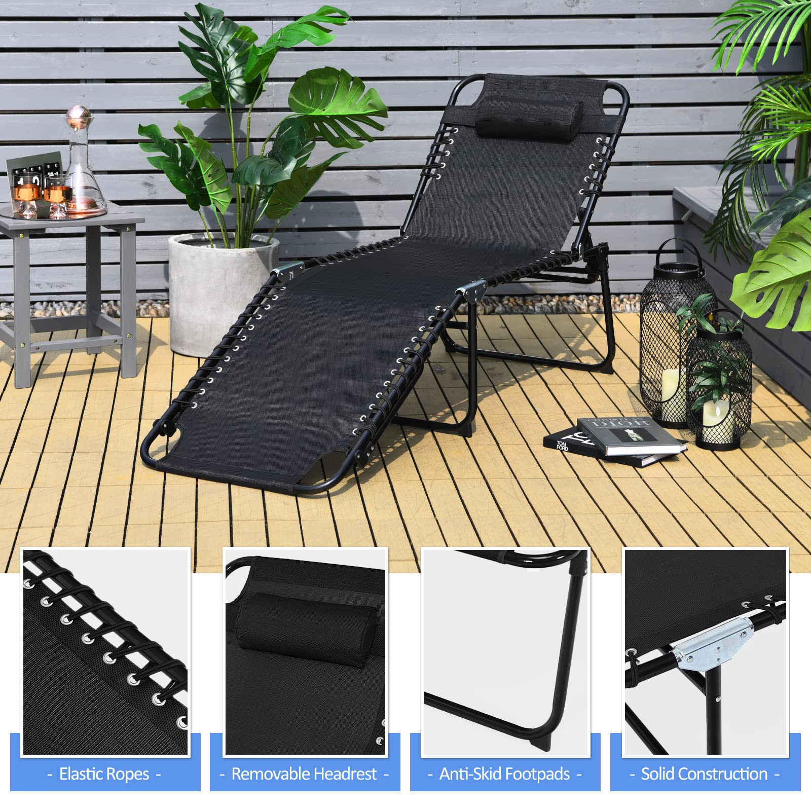 COSTWAY Folding Chaise Lounge Chair, Foldable Pool Lounger with 4-Position Adjustable Backrest, 2-Position Footrest & Soft Pillow, Patio Tanning Chair for Beach, Poolside (1, Black)