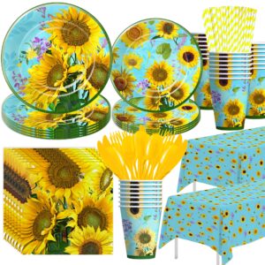 xigejob sunflower party decorations tableware - sunflower birthday decorations, plate, cup, napkin, tablecloth, cutlery, sunflower theme baby shower bridal shower birthday party supplies | serve 24