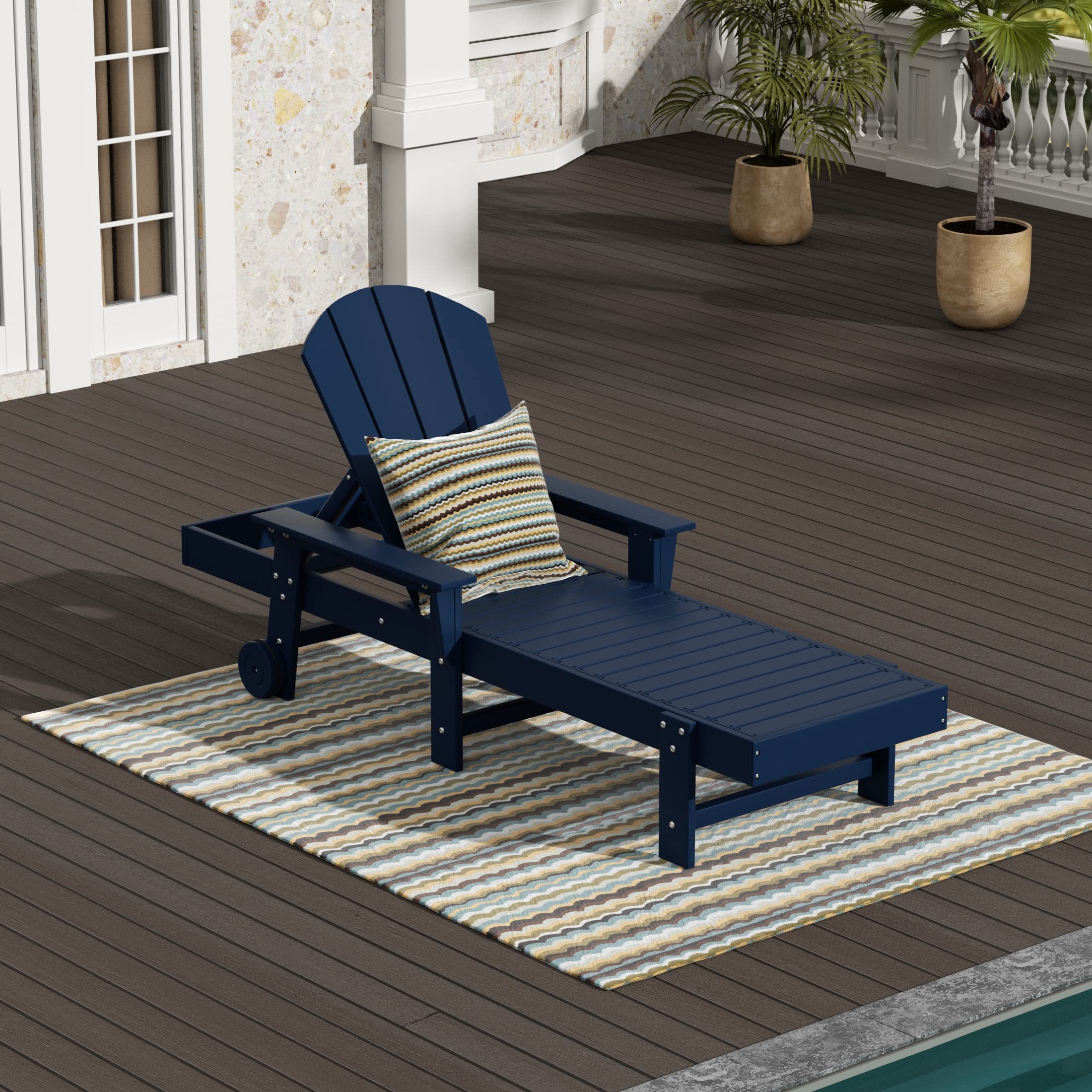 WestinTrends Laguna Adirondack Poly Reclining Chaise Lounge with Arms & Wheels, Navy Blue