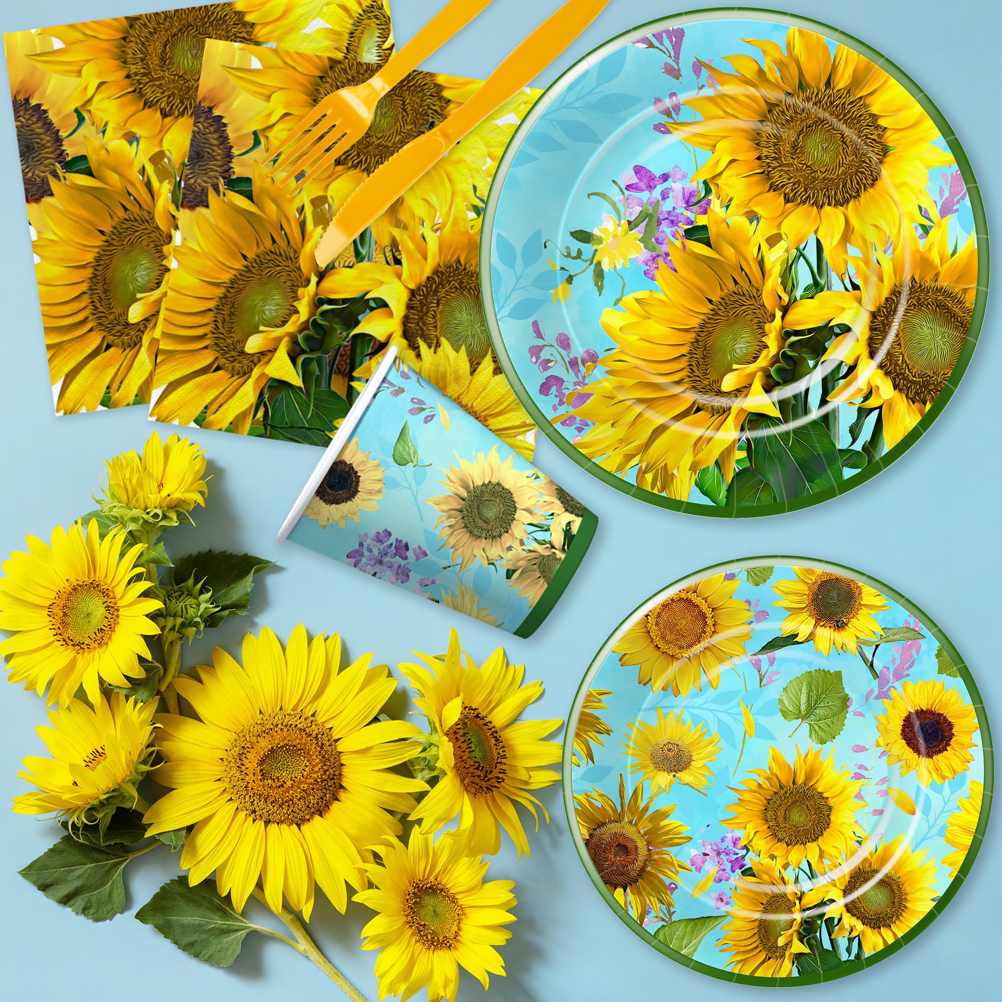 Xigejob Sunflower Party Decorations Tableware - Sunflower Birthday Decorations, Plate, Cup, Napkin, Tablecloth, Cutlery, Sunflower Theme Baby Shower Bridal Shower Birthday Party Supplies | Serve 24