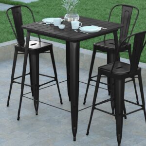 EMMA + OLIVER Drew Dining Table Bar Height - Black 31.5" Square Poly Resin Table Top - Black Steel Base - All-Weather for Indoor/Outdoor Use