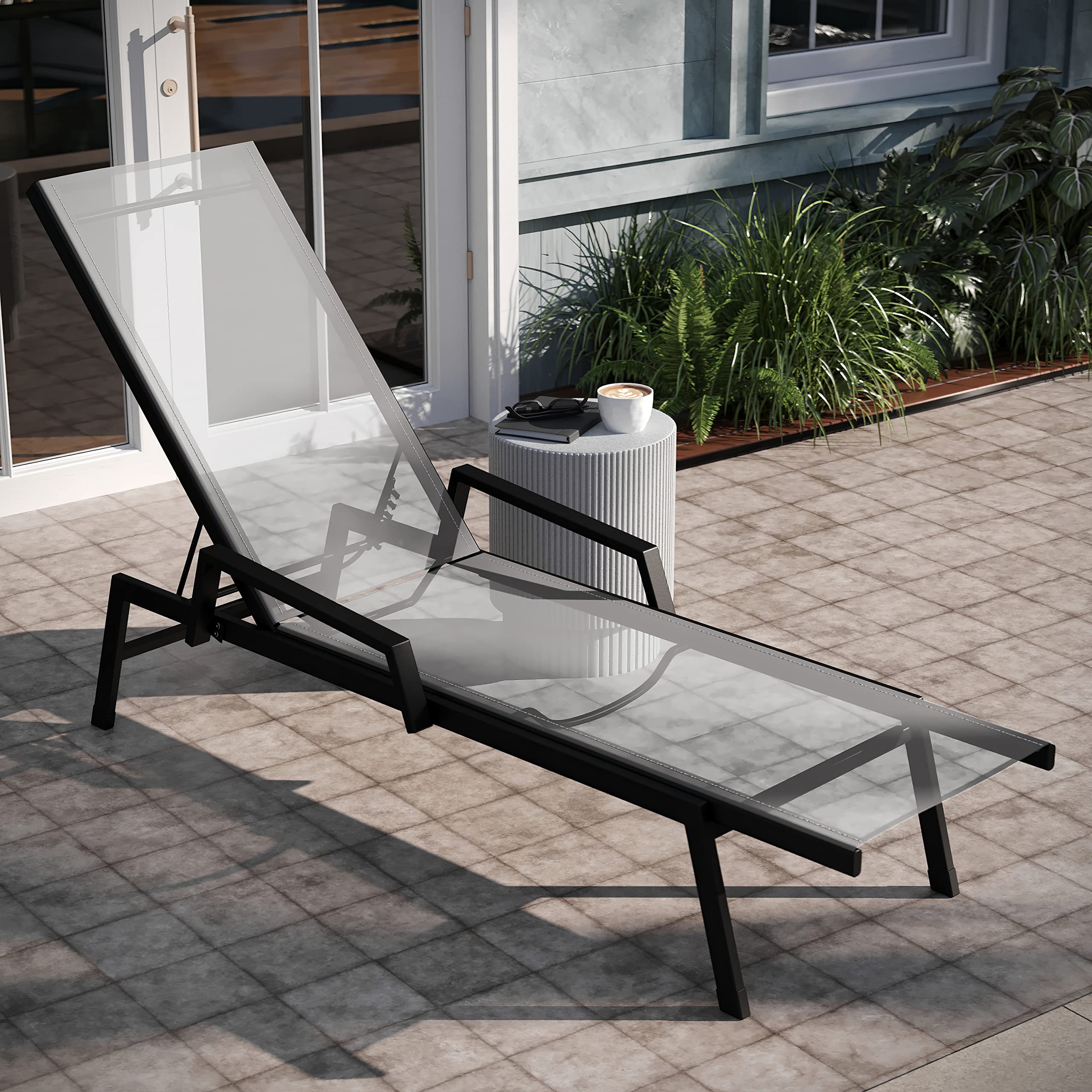 EMMA + OLIVER Braelin Adjustable Patio Chaise Lounge - Gray Textilene Seat - 5 Recline Positions - Metal Frame - All-Weather