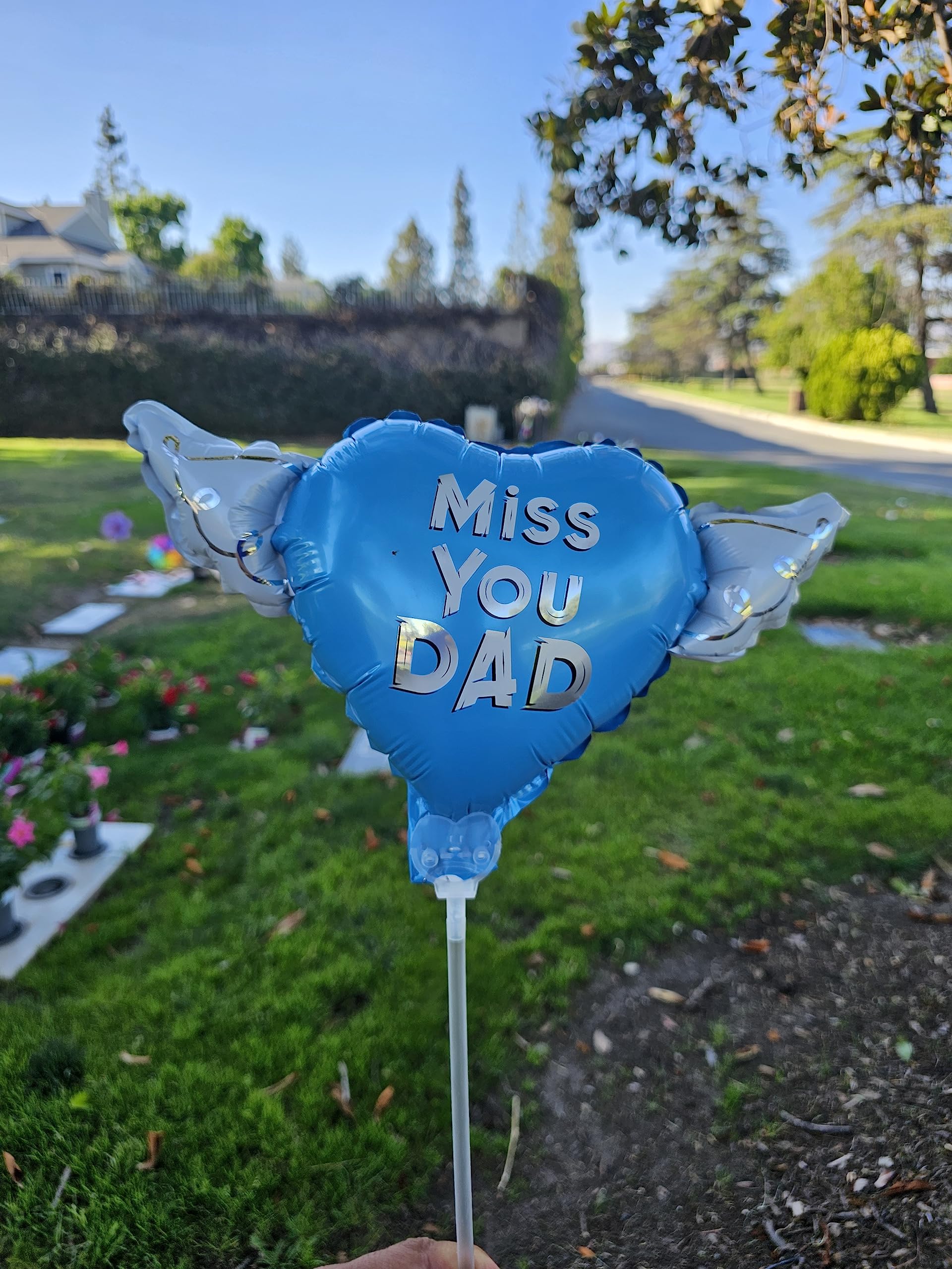 Heavenly Balloons on a stick Miss You Dad (blue) balloon heart shaped with angel wings