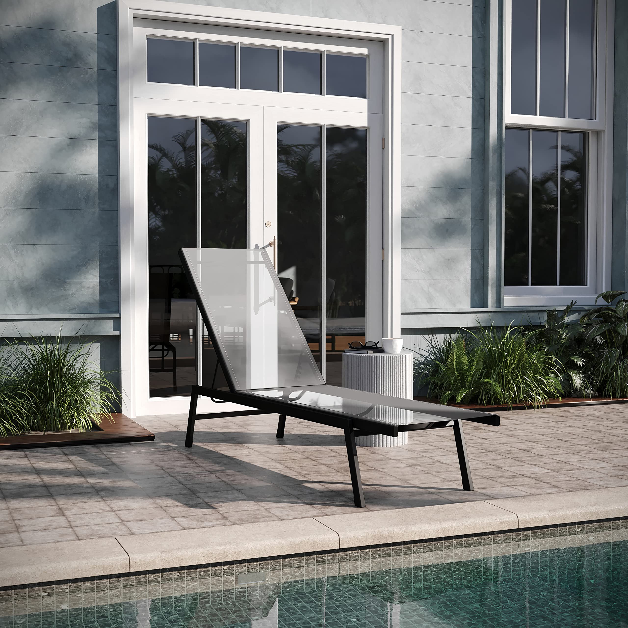 EMMA + OLIVER Braelin Adjustable Patio Chaise Lounge - Gray Textilene Seat - Armless Design - 5 Recline Positions - Metal Frame - All-Weather