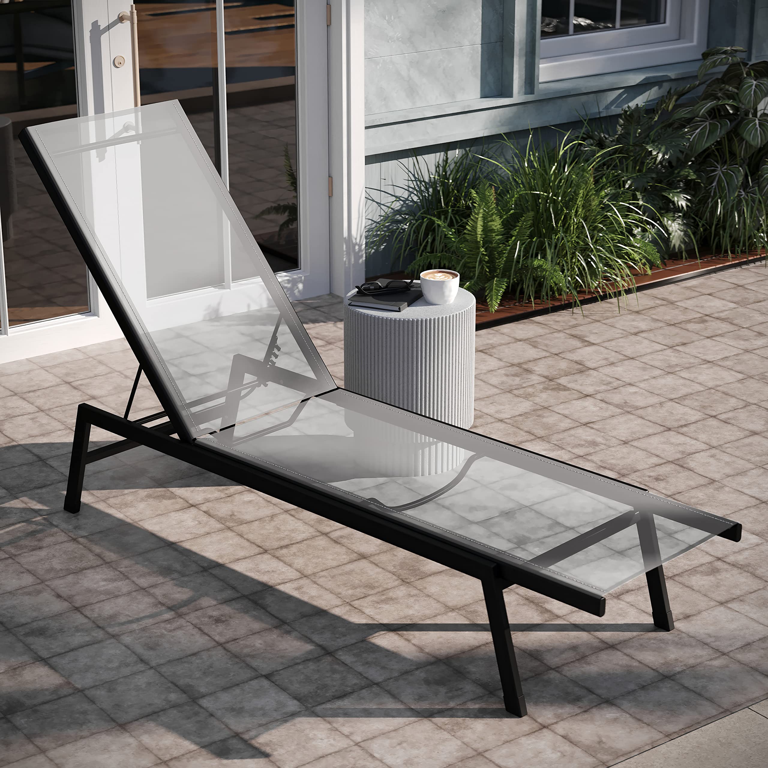 EMMA + OLIVER Braelin Adjustable Patio Chaise Lounge - Gray Textilene Seat - Armless Design - 5 Recline Positions - Metal Frame - All-Weather