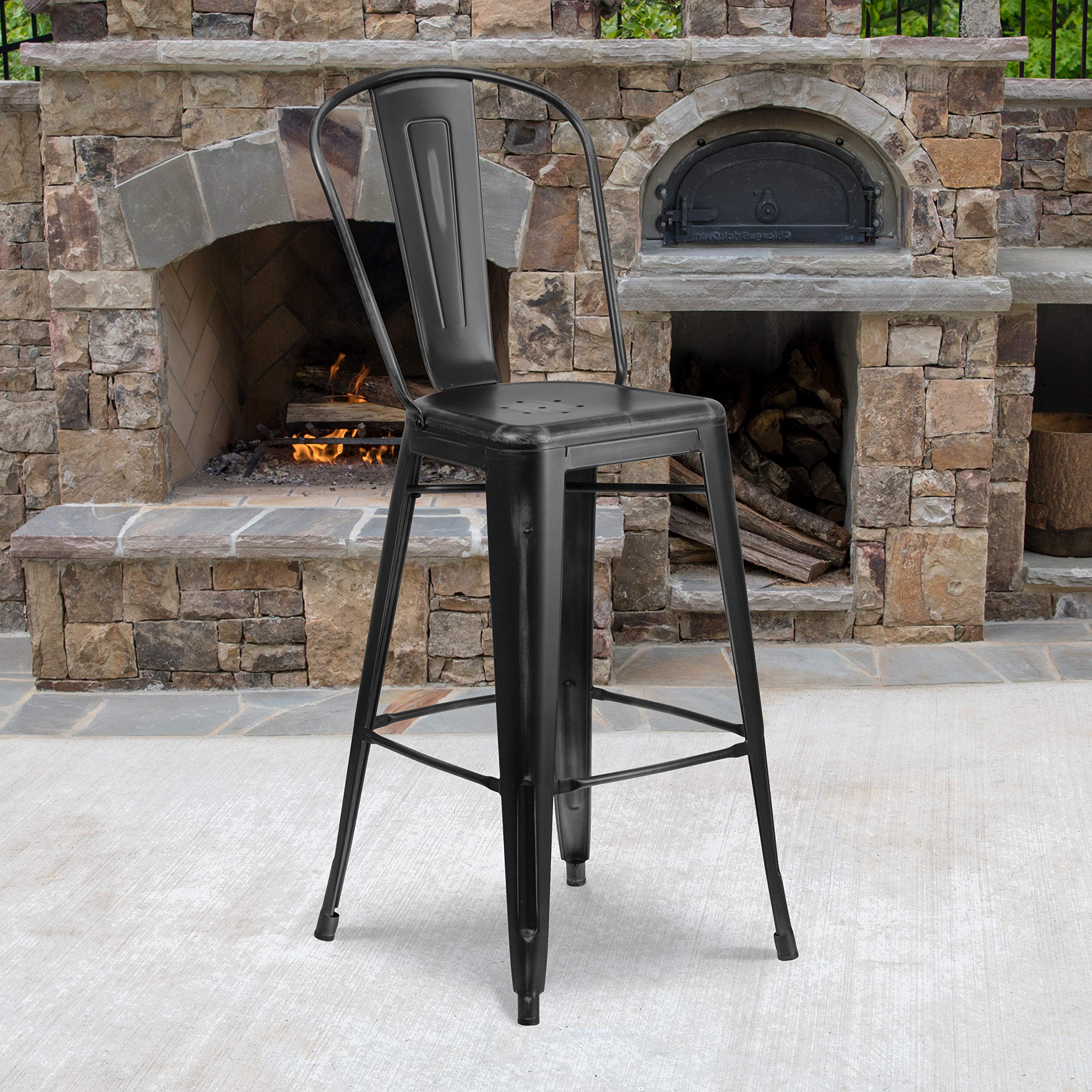 EMMA + OLIVER 4 Pack 30" High Distressed Black Metal Indoor-Outdoor Barstool with Back