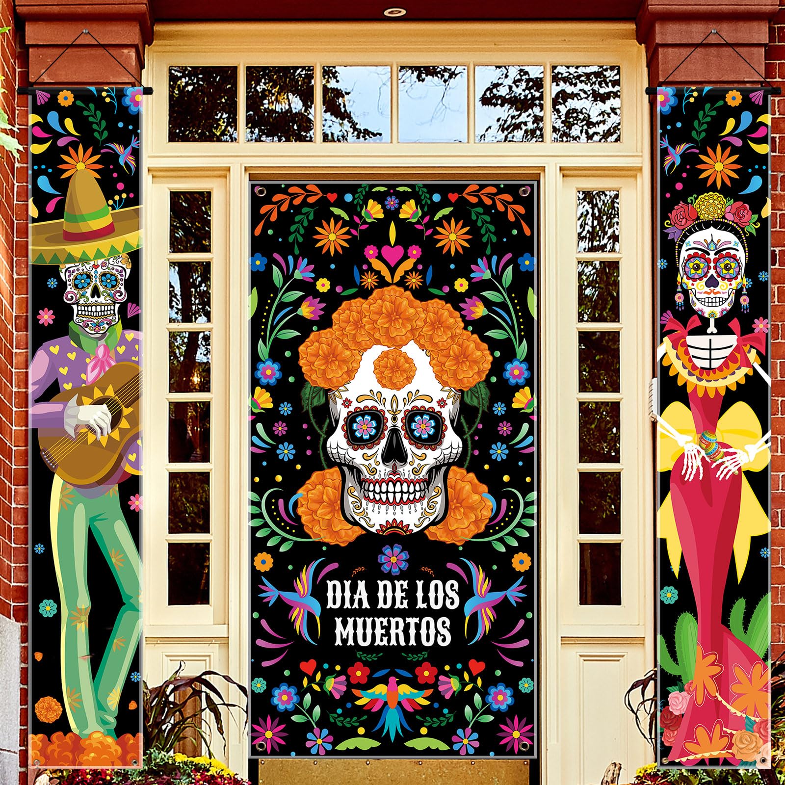 Preboun 3 Pcs Lighted Day of The Dead Porch Sign LED Mexican Halloween Decorations Dia De Los Muertos Day of The Dead Sugar Skull Marigold Flower Door Banner with Light for Halloween Party Decor