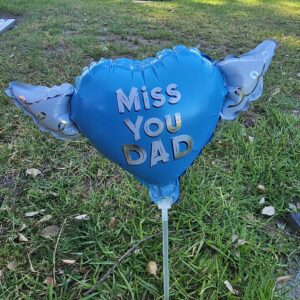 Heavenly Balloons on a stick Miss You Dad (blue) balloon heart shaped with angel wings