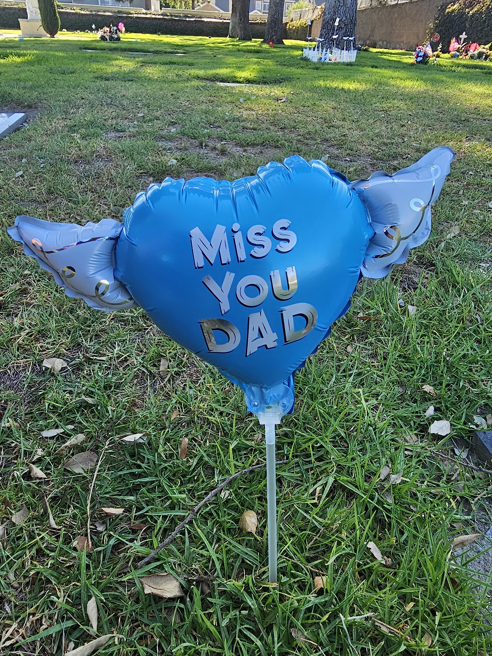 Heavenly Balloons on a stick Miss You Dad (blue) balloon heart shaped with angel wings