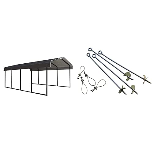 Arrow Shed 12 x 20 x 7-Foot Heavy Duty Galvanized Steel Metal Multi-Use Shelter & ShelterLogic ShelterAuger 4-Piece 30-Inch Reusable Heavy Duty Steel Earth Auger Anchor Kit, Silver