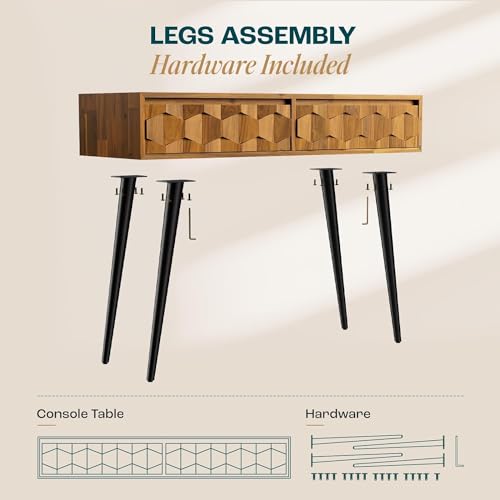 Bme Console Modern Mid-Century 2 Drawers and Metal Legs, Unique Geometric Design Sofa Table for Entryway, Hallway, Living Room, Teak Brown