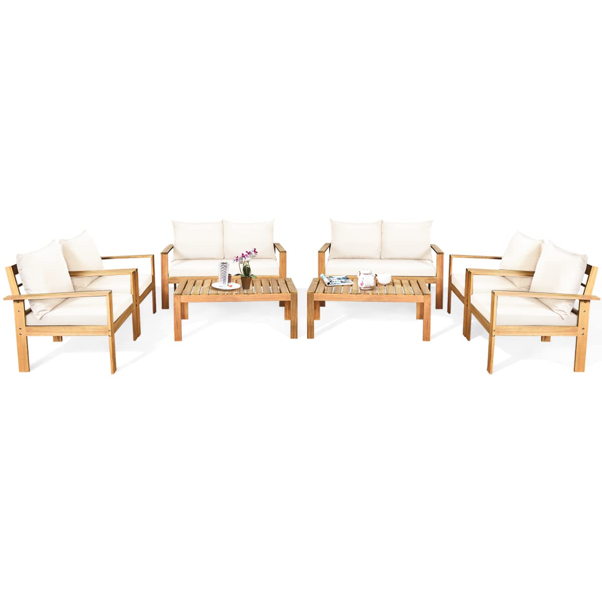 COSTWAY 8 Pieces Outdoor Acacia Wood Sofa Set, Outdoor Conversation Sofa Set with Table & Cushions Porch Chairs for Garden, Patio, Deck