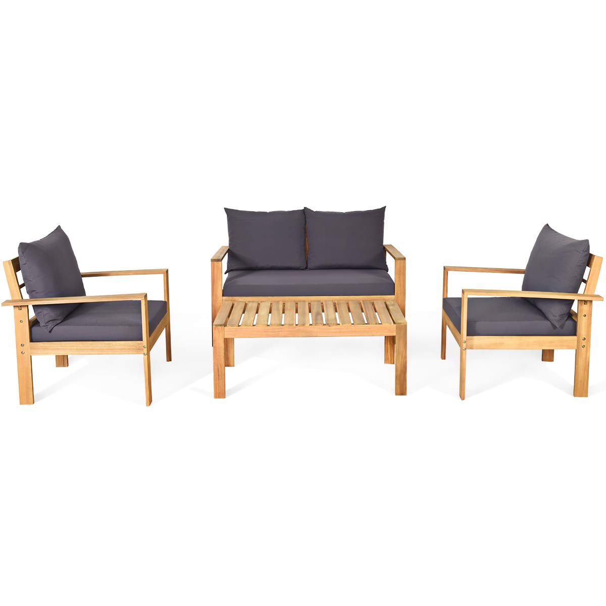 COSTWAY 4 Pieces Outdoor Acacia Wood Sofa Set, Outdoor Conversation Sofa Set with Table & Cushions Porch Chairs for Garden, Patio, Deck