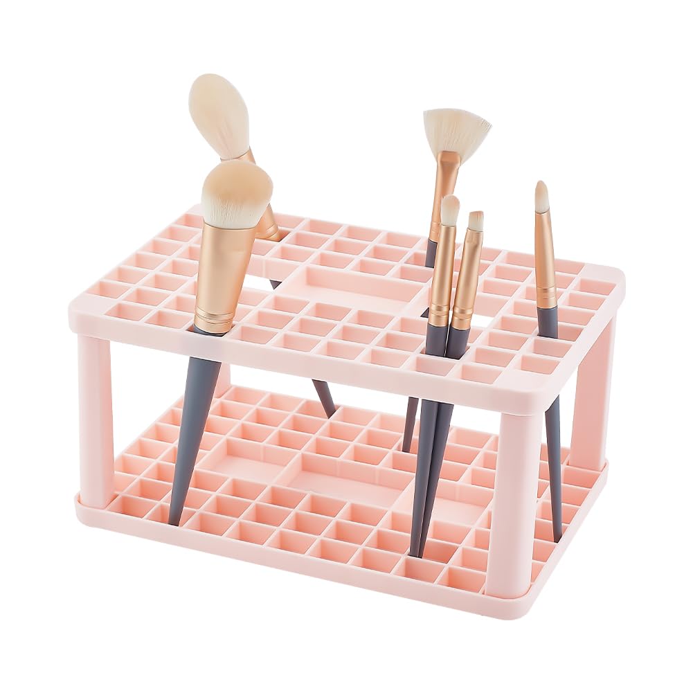 AHANDMAKER Paint Brush Holder, 71 Holes Makeup Brush Holder Organizer Plastic Brush Crate Storage Holder for Artist Paint, Pen, Pencil, Marker, Cosmetic Brush, Small Tools Organizer, Pink