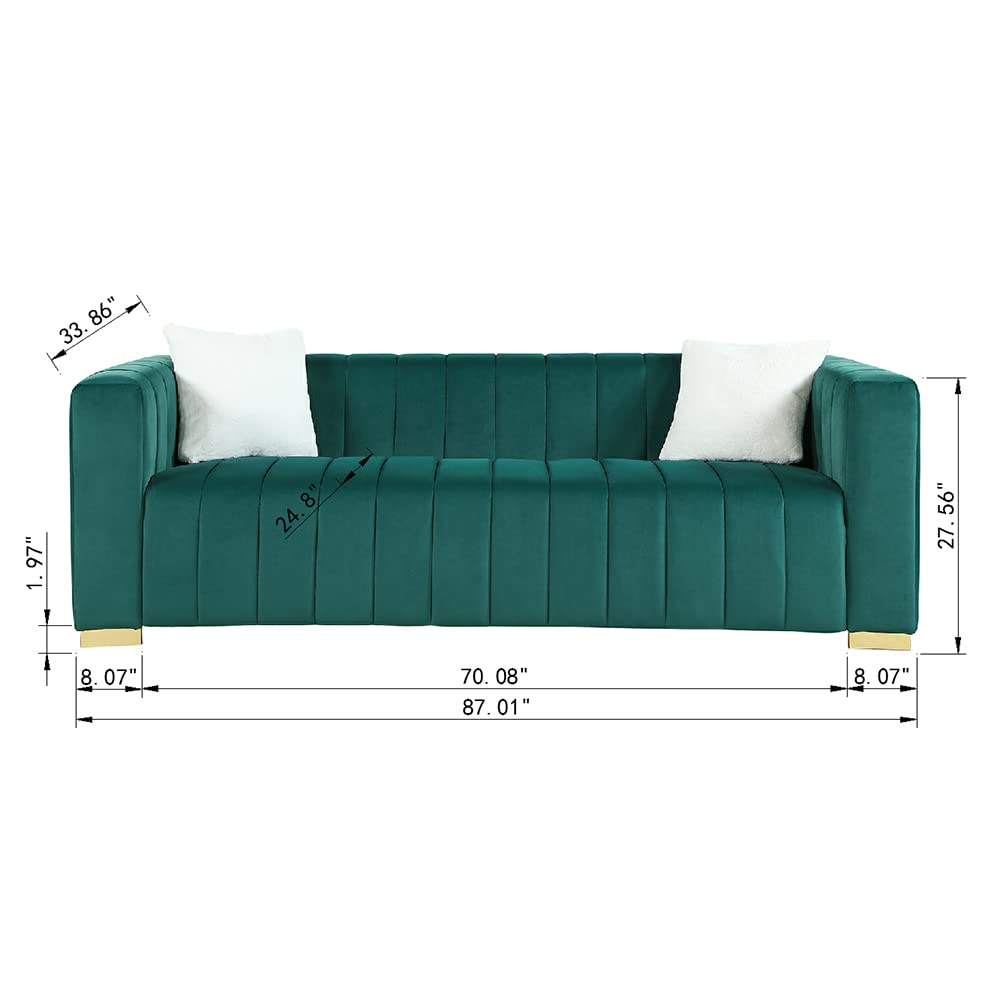 JURMALYN 87" Velvet Sofa Couch for Living Room, Modern 3-Seater Couch Chesterfield Sofa Upholstered Couch with Gold Leg&Pillows for Apartment, Office, Small Space - Green