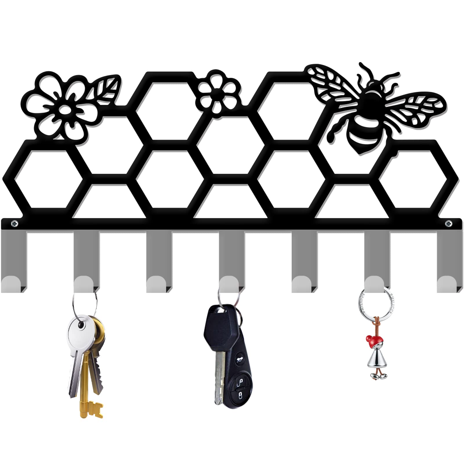 INFUNLY Key Holder for Wall Hive and Bees Pattern Wall Mounted Hooks Decorative Black Metal Organizer Rack with 7 Hooks for Bag Clothes Key Hanging Wall Decoration Bee with Honeycomb Art Wall Decor